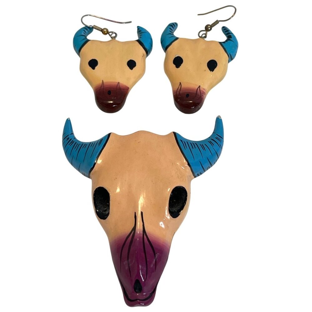 Southwest Western Cow Skull Pin Wire Earrings Set Artisan Painted Brooch READ - Picture 9 of 9